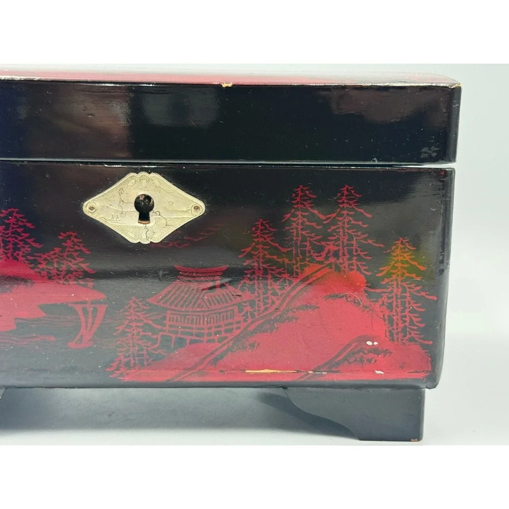 Vintage Japanese Black Red Lacquer Jewelry & Music Box Mount Fuji Pagoda Footed